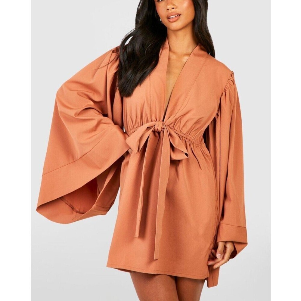BooHoo PETITE FLARE SLEEVE SKATER DRESS burnt orange tie front tunic NEW SZ 8